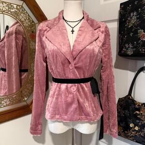 VTG Y2K Janette Pink Fuzzy Faux Fur Long Sleeve Collared Blazer Jacker w Ribbon